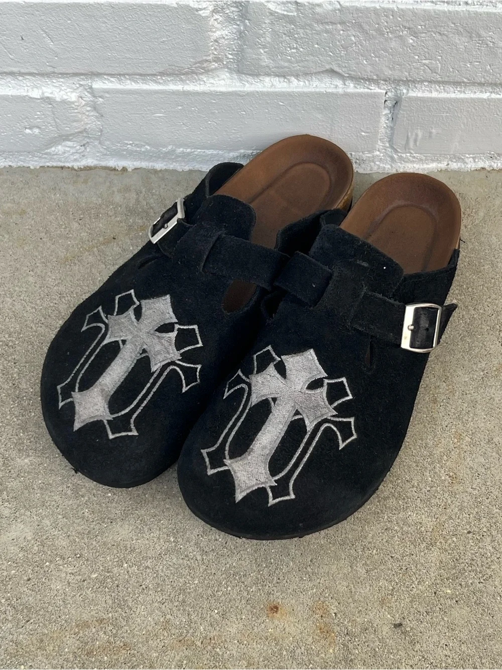 44 Chrome Triple Cross Black Leather Clogs